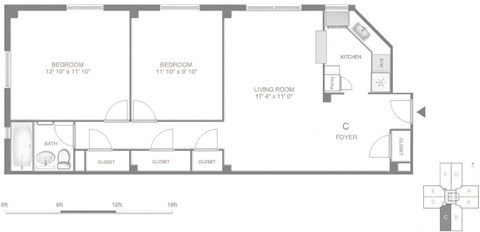 Floor plan for 2 beds, 1 bath, 815 sqft